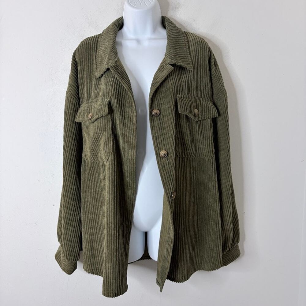 Shein Women's Corduroy Shacket Jacket Size L Olive Green Button Up Long Sleeve - Picture 4 of 9